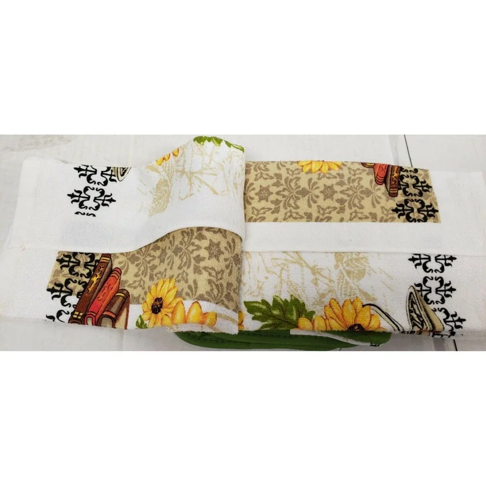 5pc Set: 2 Pot Holders, 1 Oven Mitt & 2 Same Towels, SUNFLOWERS & BOOKS,green,KC